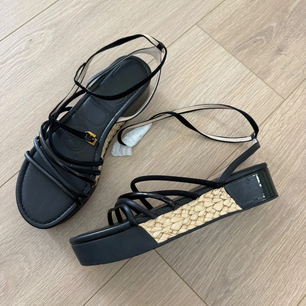 Louise et Cie Bimo Black Leather Strappy Platform Espadrille Sandals Woven 10M - Picture 2 of 8